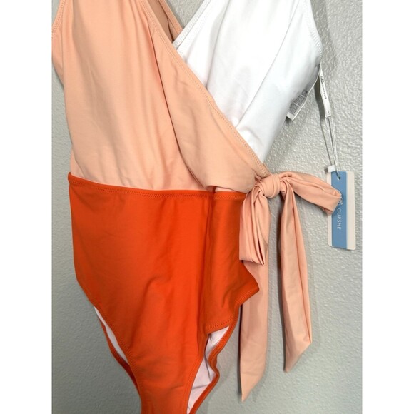 NWT Cupshe Orange &‎ White Bowknot One piece Swimsuit Womens Size L Beach Pool - Picture 5 of 11